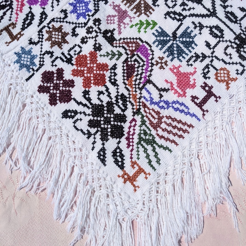 Mexican Hand Embroidered Poncho Artisanal Cross-Stitch Floral Peacock Boho Cape - Picture 2 of 13